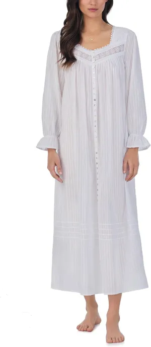 Eileen West Nightgowns for Women, Madison Cotton Long Sleeve Lightweight Button Down Night Shirt