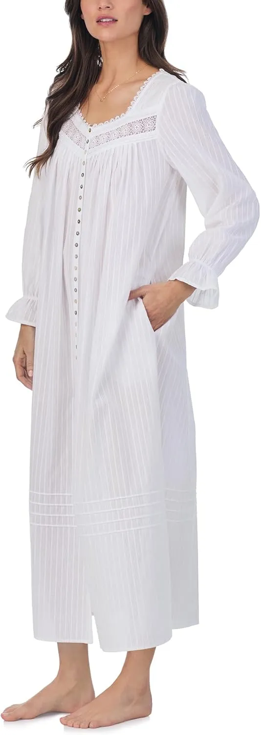 Eileen West Nightgowns for Women, Madison Cotton Long Sleeve Lightweight Button Down Night Shirt