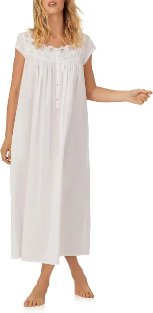 Eileen West Queen Anne's Lace Florentine Cap Sleeve Nightgown, 100% Cotton Lawn with Venise Lace, Pockets, 50" Length