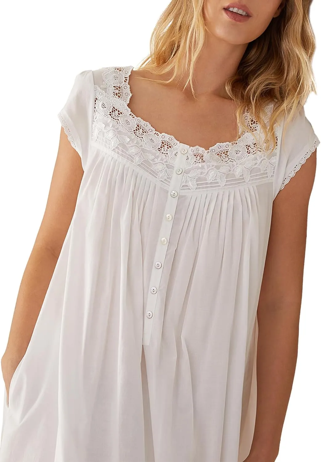 Eileen West Queen Anne's Lace Florentine Cap Sleeve Nightgown, 100% Cotton Lawn with Venise Lace, Pockets, 50" Length