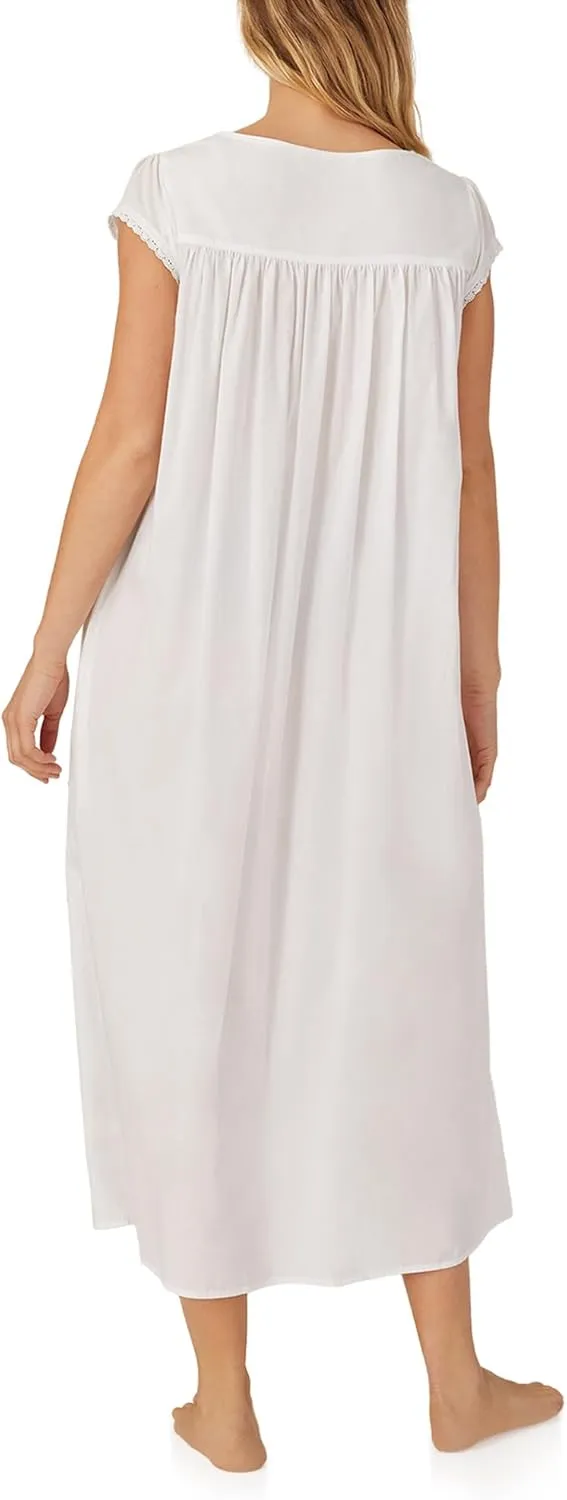 Eileen West Queen Anne's Lace Florentine Cap Sleeve Nightgown, 100% Cotton Lawn with Venise Lace, Pockets, 50" Length