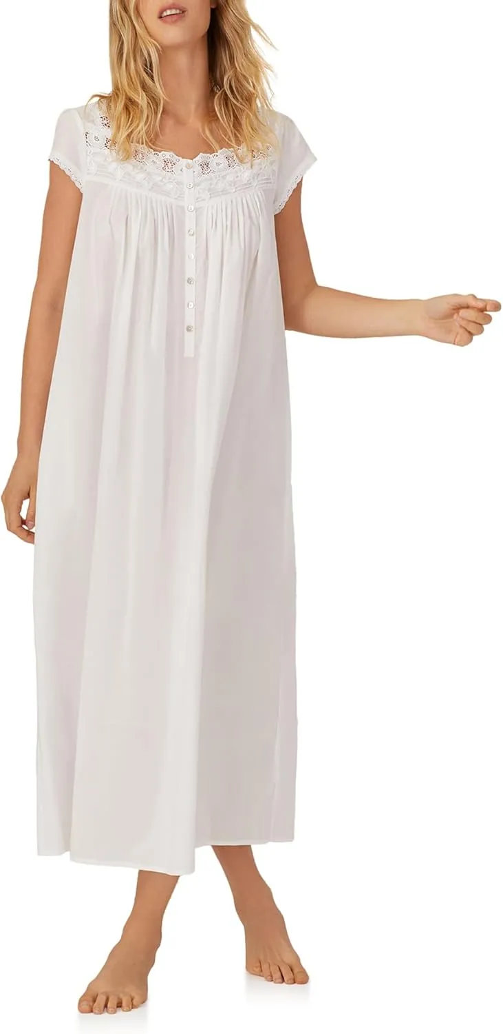 Eileen West Queen Anne's Lace Florentine Cap Sleeve Nightgown, 100% Cotton Lawn with Venise Lace, Pockets, 50" Length