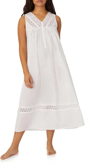 Eileen West Queen Anne's Portofino Ballet Nightgown, 100% Woven Lawn with Heirloom Lace, Sleeveless Button Placket 50" Length, White, 1X
