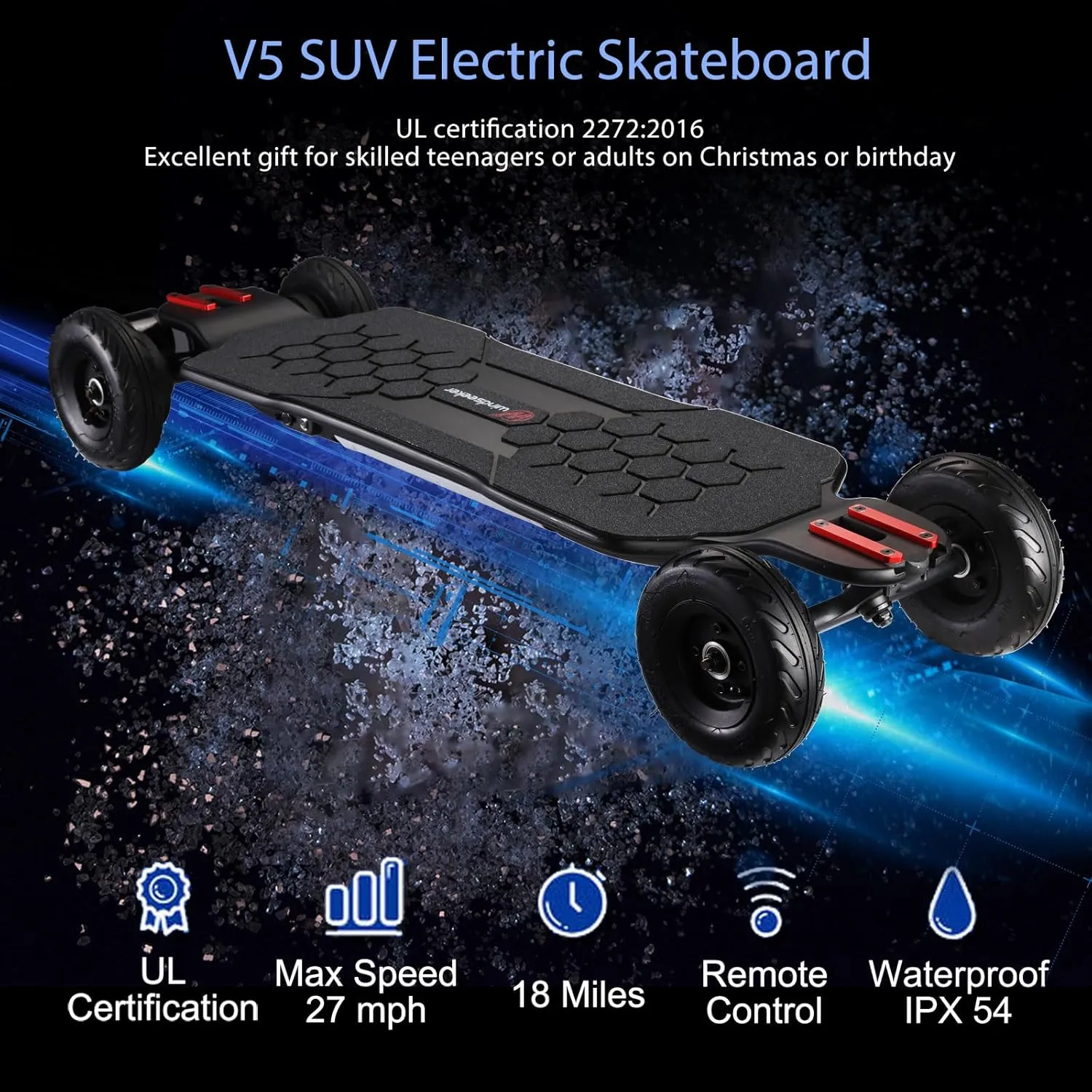Electric Skateboard with LCD Remote Control，V5 & G5 & Off-Road Electric Longboard with Light for Adults, 1650W Dual Motor, 27 MPH & 18 Miles Range, 7 2 2 Maple and Fiber Glass Up to 330 lbs