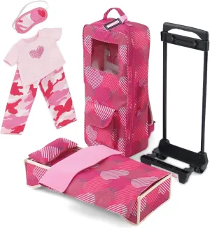 Emily Rose 18 Inch Doll Travel Carrier Luggage Clothes Storage Case with Removable Trolley Cart, Doll Bed with Bedding and 3-PC 18" Doll PJs Pajamas Set | Fits 15"-19" Dolls