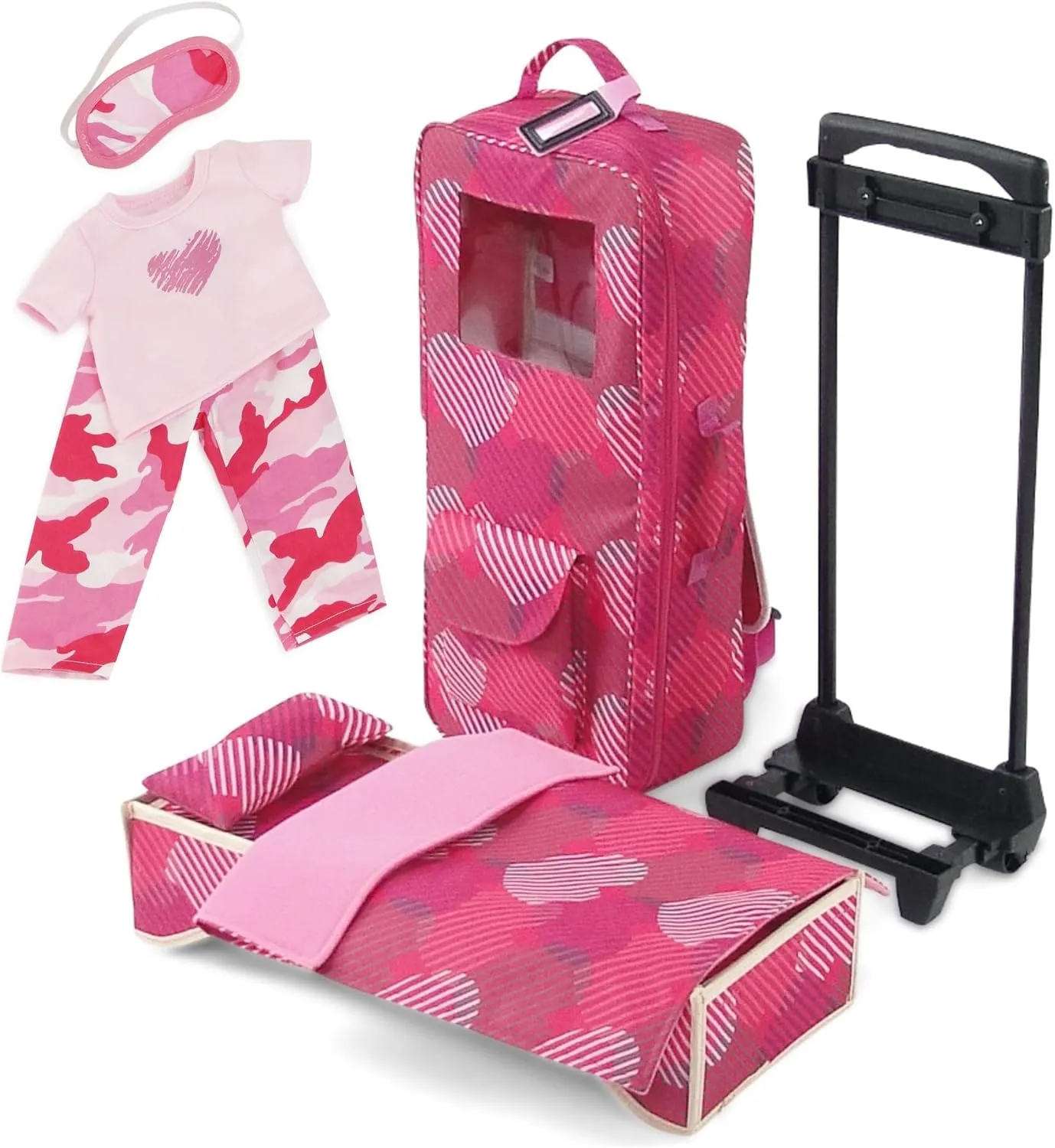 Emily Rose 18 Inch Doll Travel Carrier Luggage Clothes Storage Case with Removable Trolley Cart, Doll Bed with Bedding and 3-PC 18" Doll PJs Pajamas Set | Fits 15"-19" Dolls