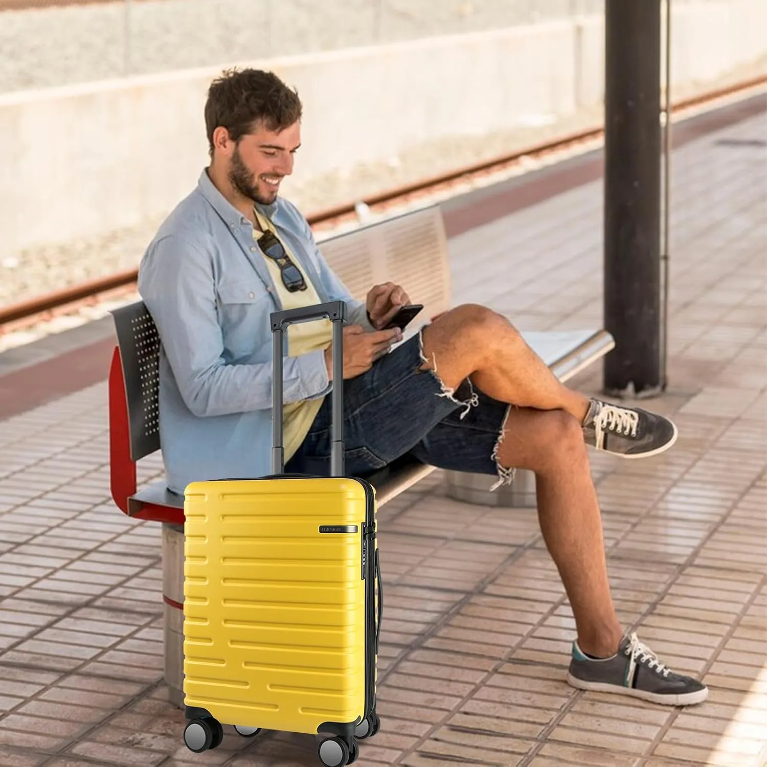 EMPSIGN Carry On Luggage with Spinner Wheels, Hard Shell Carry-On Suitcase 21x14x9 Airline Approved & Built-in TSA Lock, Durable Travel Rolling Suitcase, Carry-On 20-Inch, Yellow