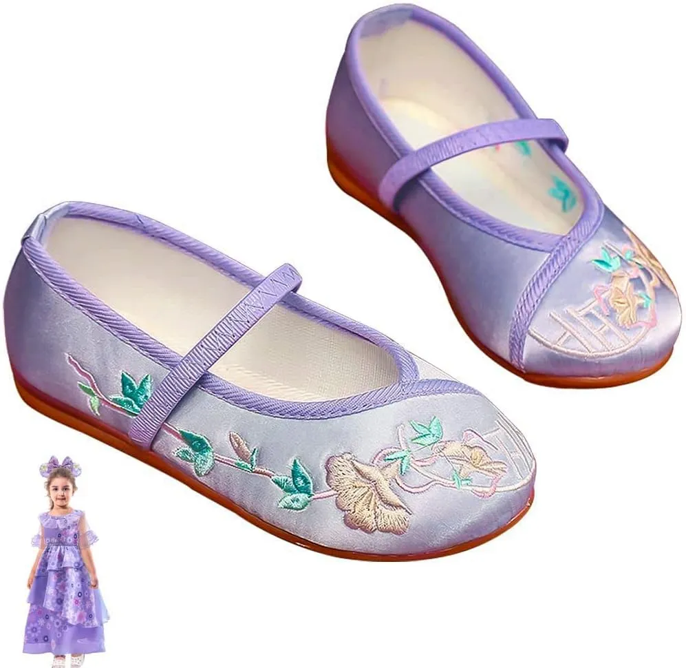 Encanto Costume Shoes for Girls Gorgeous Mary-Jane Ballet Pumps Comfortable Low Heel Round Toe Flats Floral Embroidery Shoes