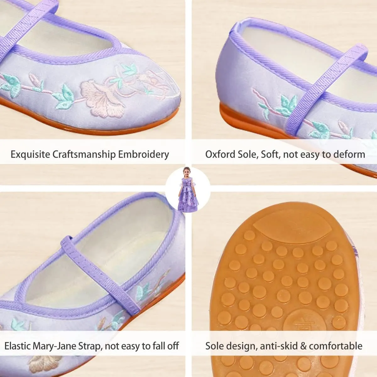 Encanto Costume Shoes for Girls Gorgeous Mary-Jane Ballet Pumps Comfortable Low Heel Round Toe Flats Floral Embroidery Shoes