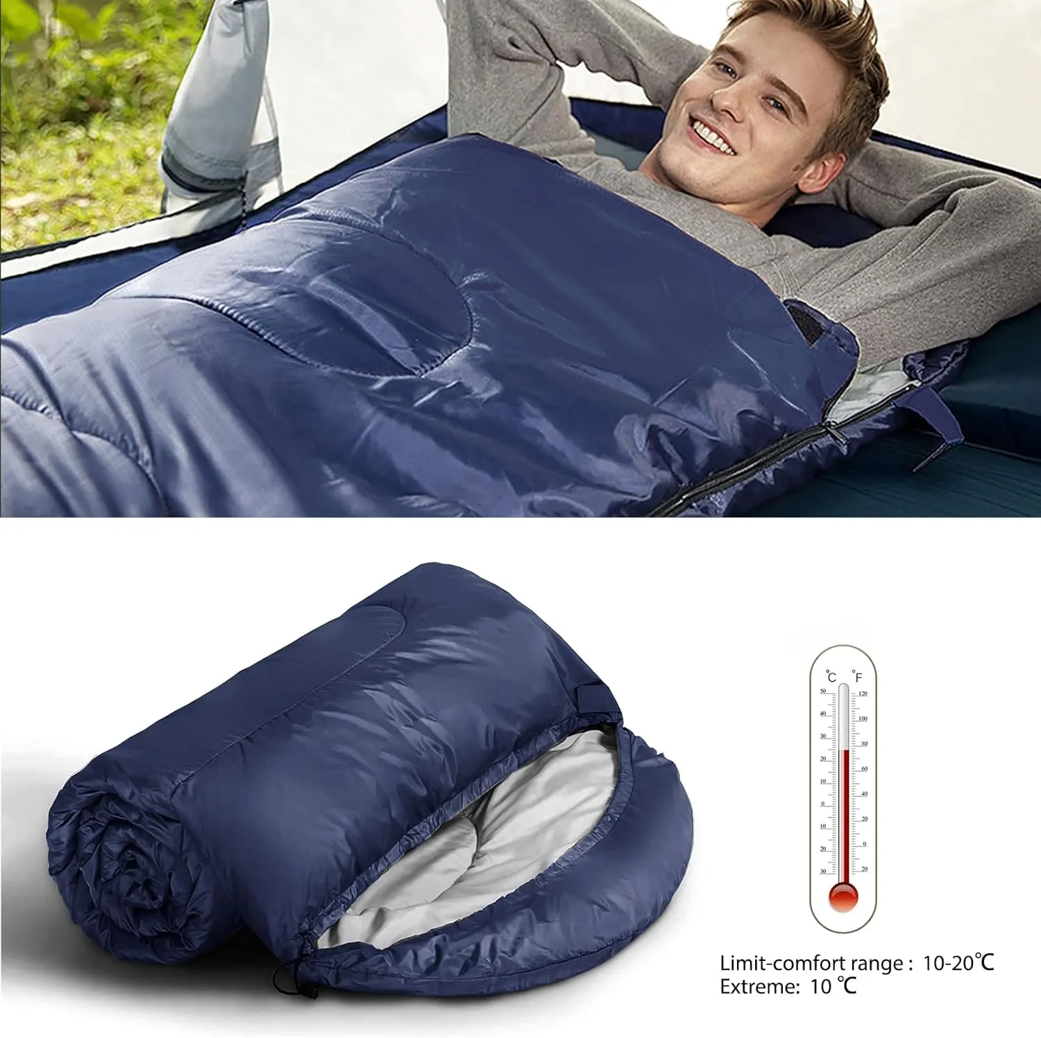 Envelope Camping Sleeping Bag 3 Seasons Warm & Cool Weather, Lightweight, Waterproof, Portable for Adults & Kids - Camping Gear Equipment Hiking Travel, Indoors and Outdoors