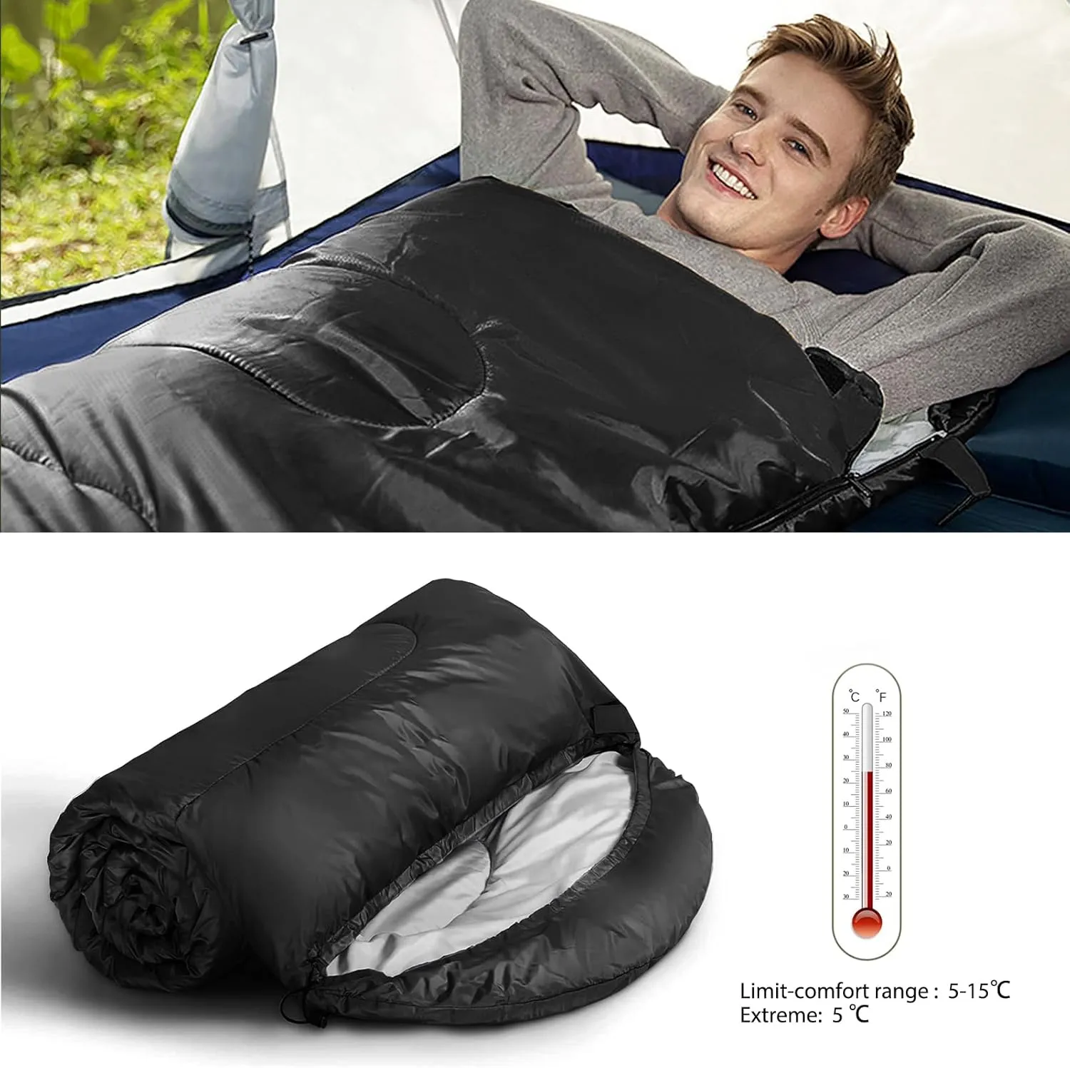 Envelope Camping Sleeping Bag 3 Seasons Warm & Cool Weather, Lightweight, Waterproof, Portable for Adults & Kids - Camping Gear Equipment Hiking Travel, Indoors and Outdoors
