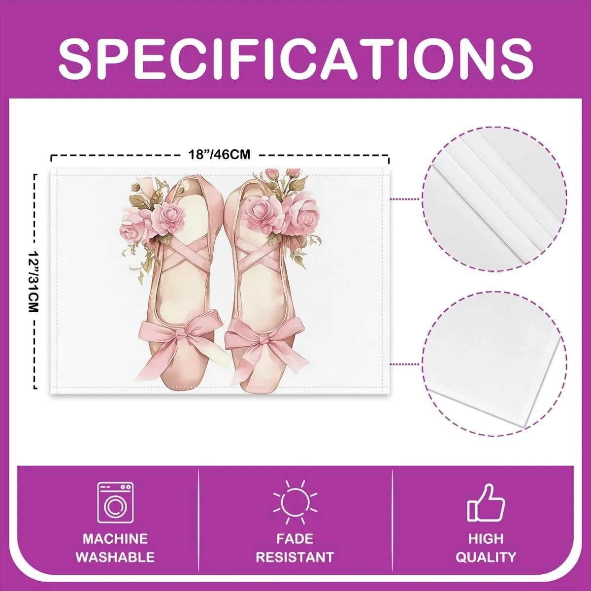 Erosebridal Ballet Shoes 12x18 Pink Floral Rose Place Mat Romantic Aesthetic Butterfly Bowknot Tie Placemats Set of 4 for Kids Girls Women Adults Teens Heat Resisting Dining Kitchen Table Mats