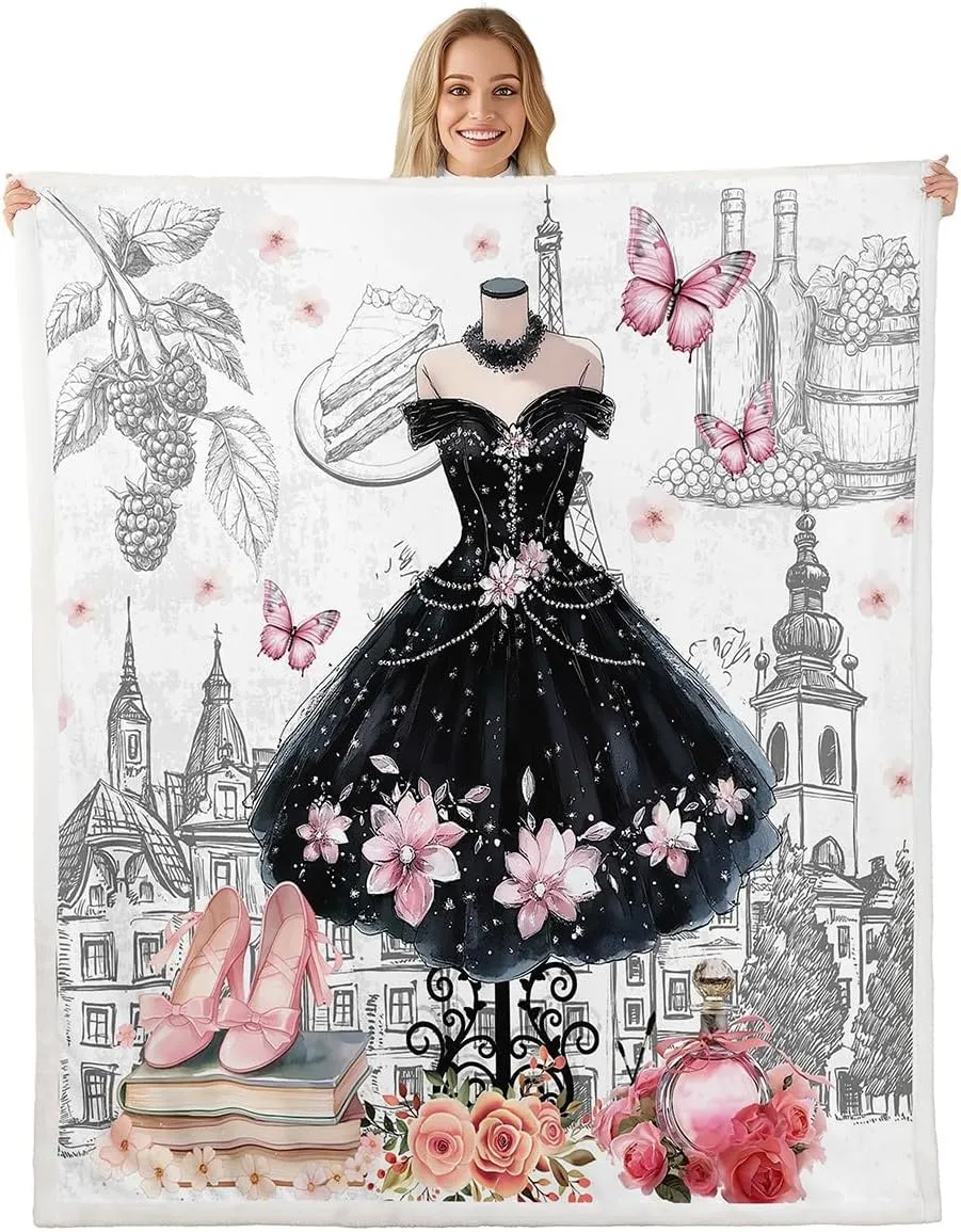 Erosebridal Ballet Throw Blanket Kids Pink and Black Sherpa Blanket,Ballerina Shoes for Girls Princess Dress Fleece Blanket Dance Themed Queen 90"X90" Flannel Blanket for Women Bed Touch