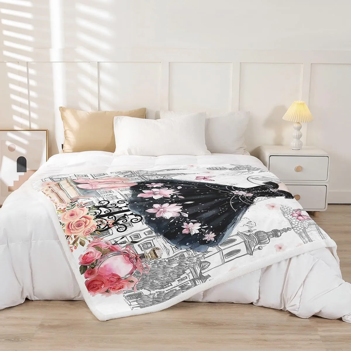 Erosebridal Ballet Throw Blanket Kids Pink and Black Sherpa Blanket,Ballerina Shoes for Girls Princess Dress Fleece Blanket Dance Themed Queen 90"X90" Flannel Blanket for Women Bed Touch