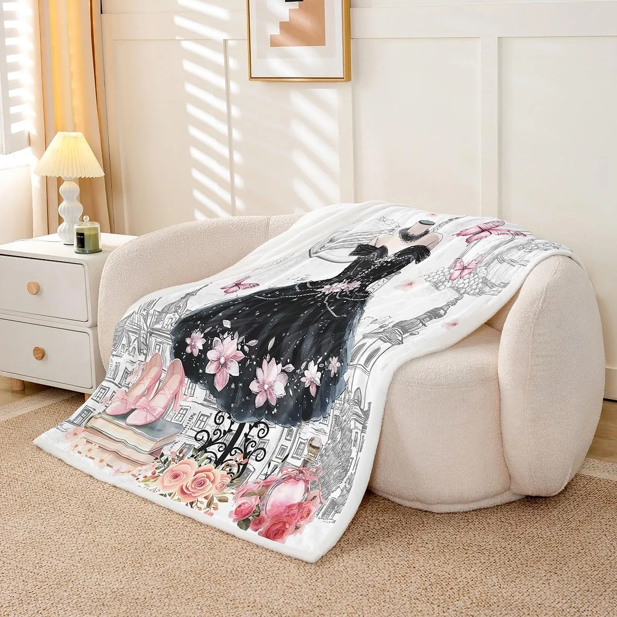 Erosebridal Ballet Throw Blanket Kids Pink and Black Sherpa Blanket,Ballerina Shoes for Girls Princess Dress Fleece Blanket Dance Themed Queen 90"X90" Flannel Blanket for Women Bed Touch