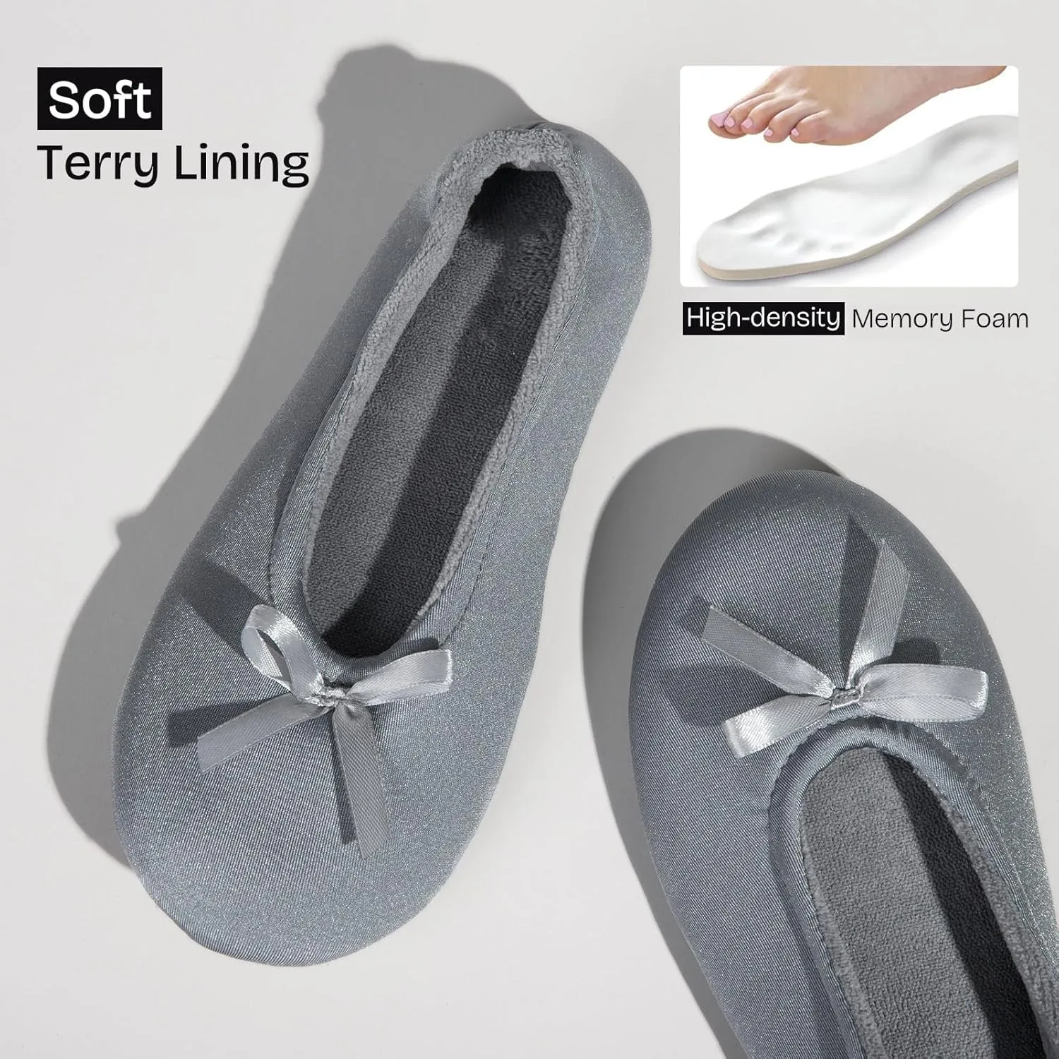 EverFoams Women's Satin Memory Foam Ballerina Slippers Cute House Shoes with Indoor Rubber Sole