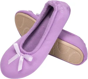 EverFoams Women's Satin Memory Foam Ballerina Slippers Cute House Shoes with Indoor Rubber Sole
