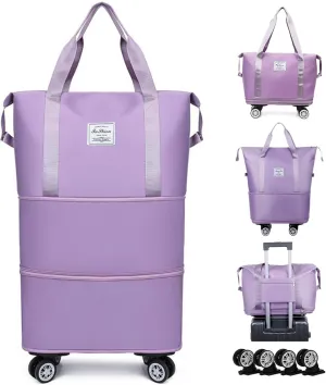 Expandable & Foldable Rolling Duffle Bag with Wheels, Large Capacity Carry-On Luggage with Dry Wet Separation, Waterproof Lightweight Travel Weekend Bag for Women Men (Purple)