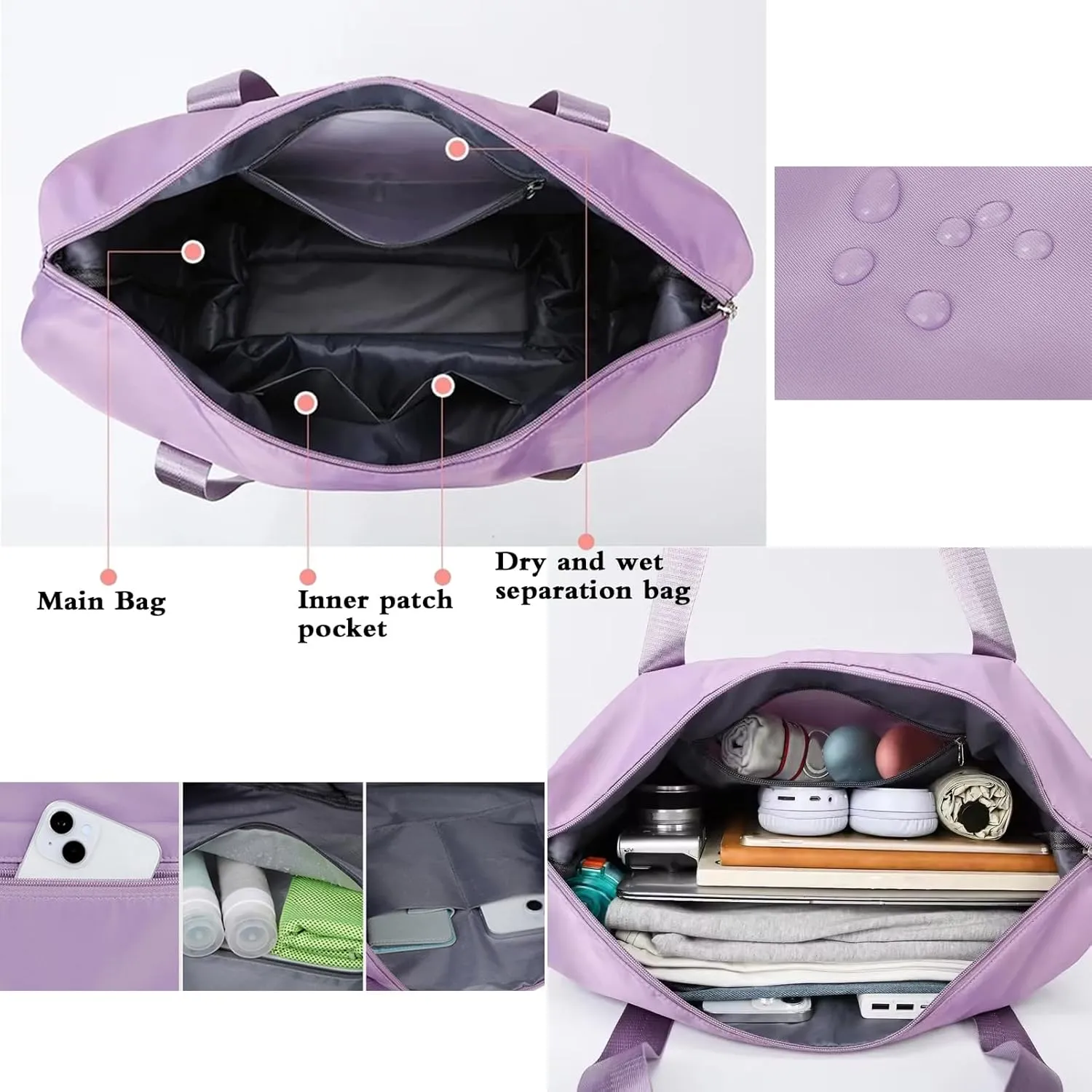 Expandable & Foldable Rolling Duffle Bag with Wheels, Large Capacity Carry-On Luggage with Dry Wet Separation, Waterproof Lightweight Travel Weekend Bag for Women Men (Purple)