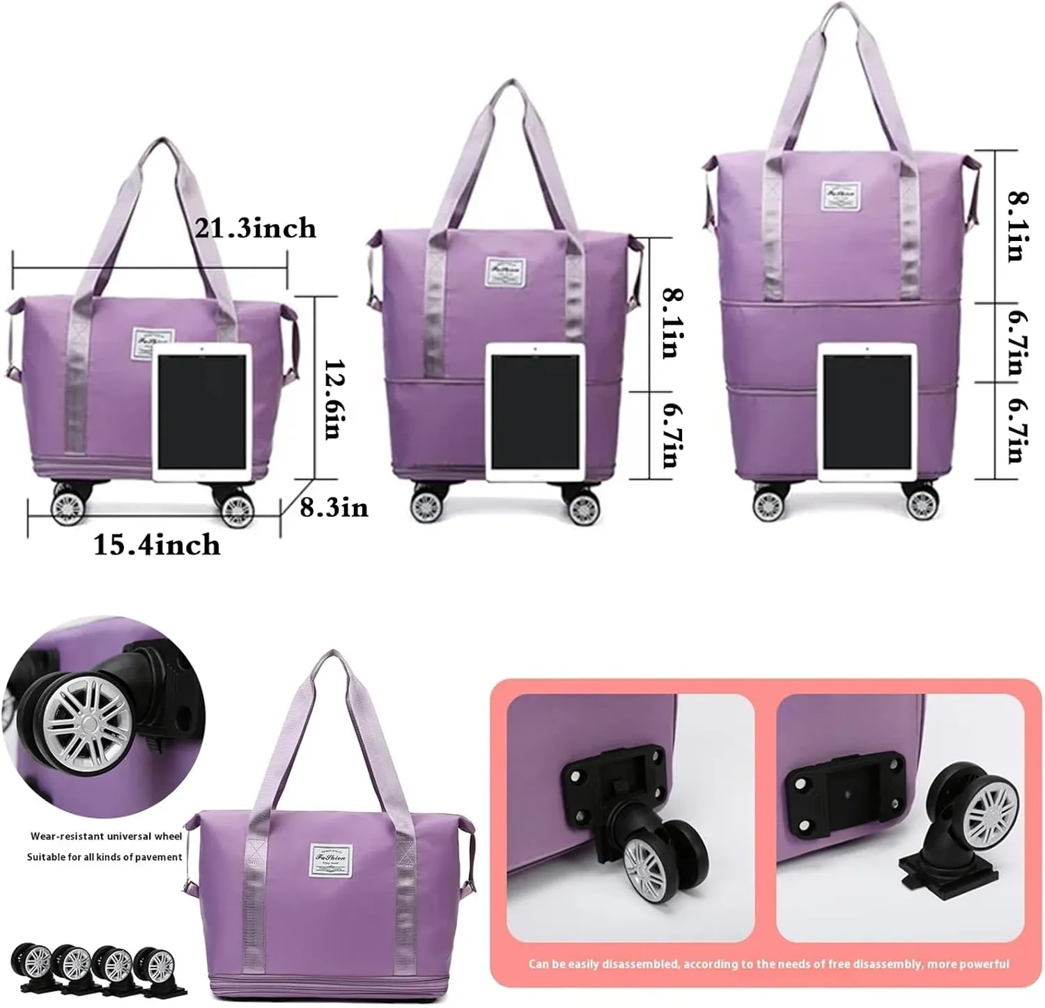 Expandable & Foldable Rolling Duffle Bag with Wheels, Large Capacity Carry-On Luggage with Dry Wet Separation, Waterproof Lightweight Travel Weekend Bag for Women Men (Purple)