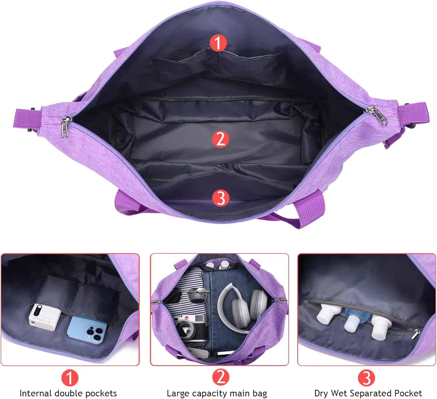 Expandable Duffle Bag for Travel, Weekender Overnight Carry On Bag for Women Men, Waterproof Large Capacity Travel Bag with Detachable Shoulder Strap and Wet Pocket(Light Purple)