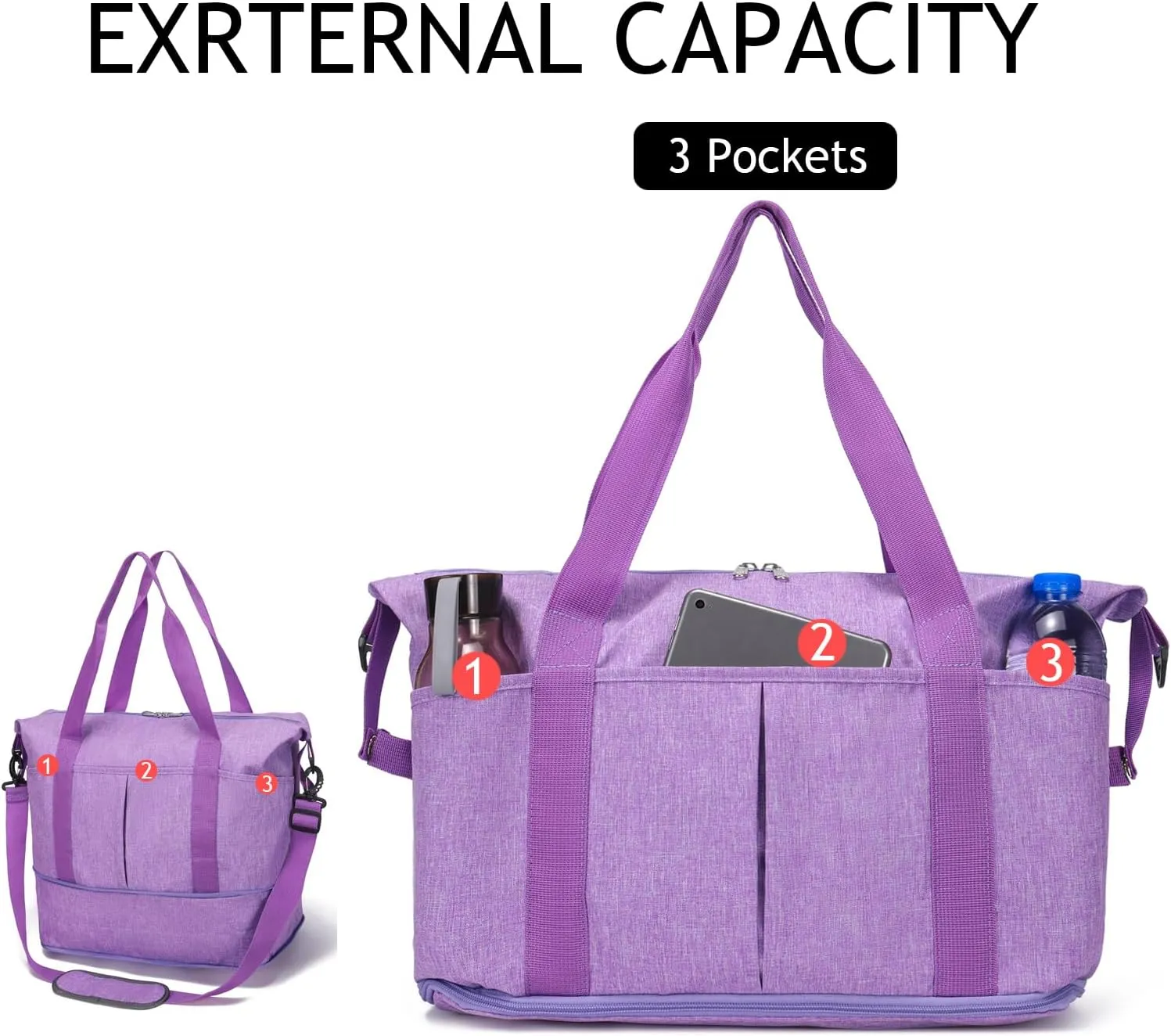 Expandable Duffle Bag for Travel, Weekender Overnight Carry On Bag for Women Men, Waterproof Large Capacity Travel Bag with Detachable Shoulder Strap and Wet Pocket(Light Purple)