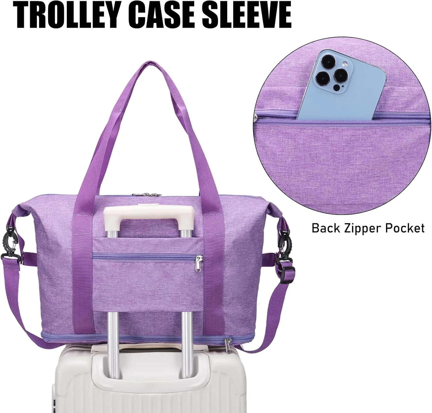 Expandable Duffle Bag for Travel, Weekender Overnight Carry On Bag for Women Men, Waterproof Large Capacity Travel Bag with Detachable Shoulder Strap and Wet Pocket(Light Purple)