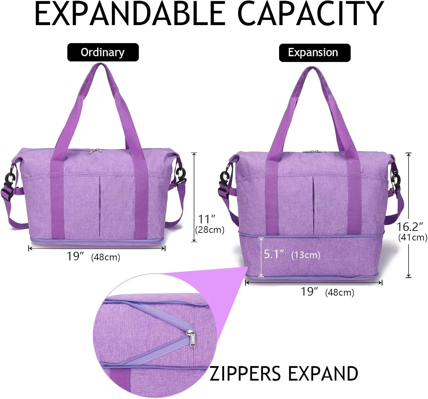 Expandable Duffle Bag for Travel, Weekender Overnight Carry On Bag for Women Men, Waterproof Large Capacity Travel Bag with Detachable Shoulder Strap and Wet Pocket(Light Purple)