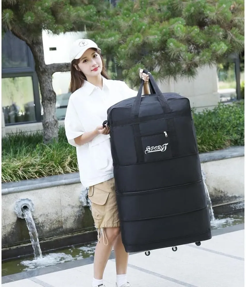 Expandable Extra Large Travel Oxford Duffel Bag with Wheels Waterproof Lightweight Traveling Foldable Suitcase (Black, L - 6 wheels)