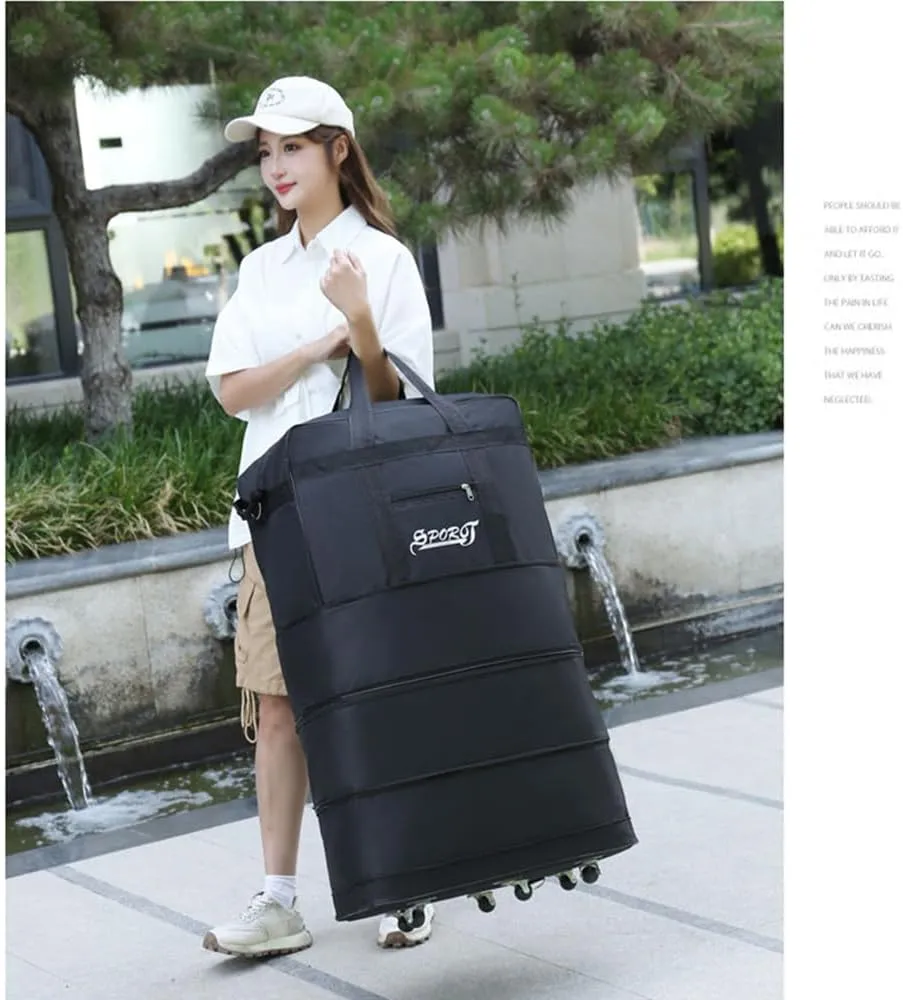 Expandable Extra Large Travel Oxford Duffel Bag with Wheels Waterproof Lightweight Traveling Foldable Suitcase (Black, L - 6 wheels)