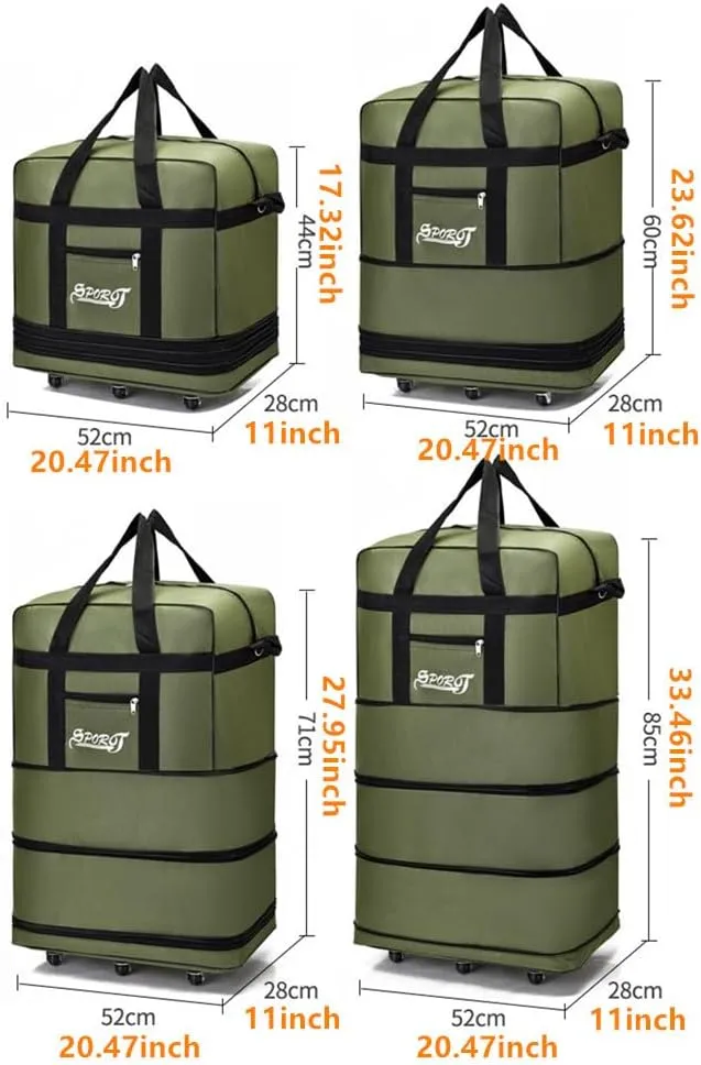 Expandable Extra Large Travel Oxford Duffel Bag with Wheels Waterproof Lightweight Traveling Foldable Suitcase (Black, L - 6 wheels)