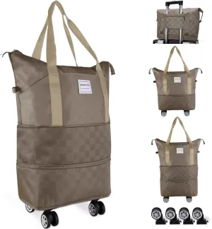 Expandable Rolling Duffle Bag - Large Carry-On With Spinner Wheels, Foldable Weekend Travel Bag, 28-58L Capacity(Khaki)