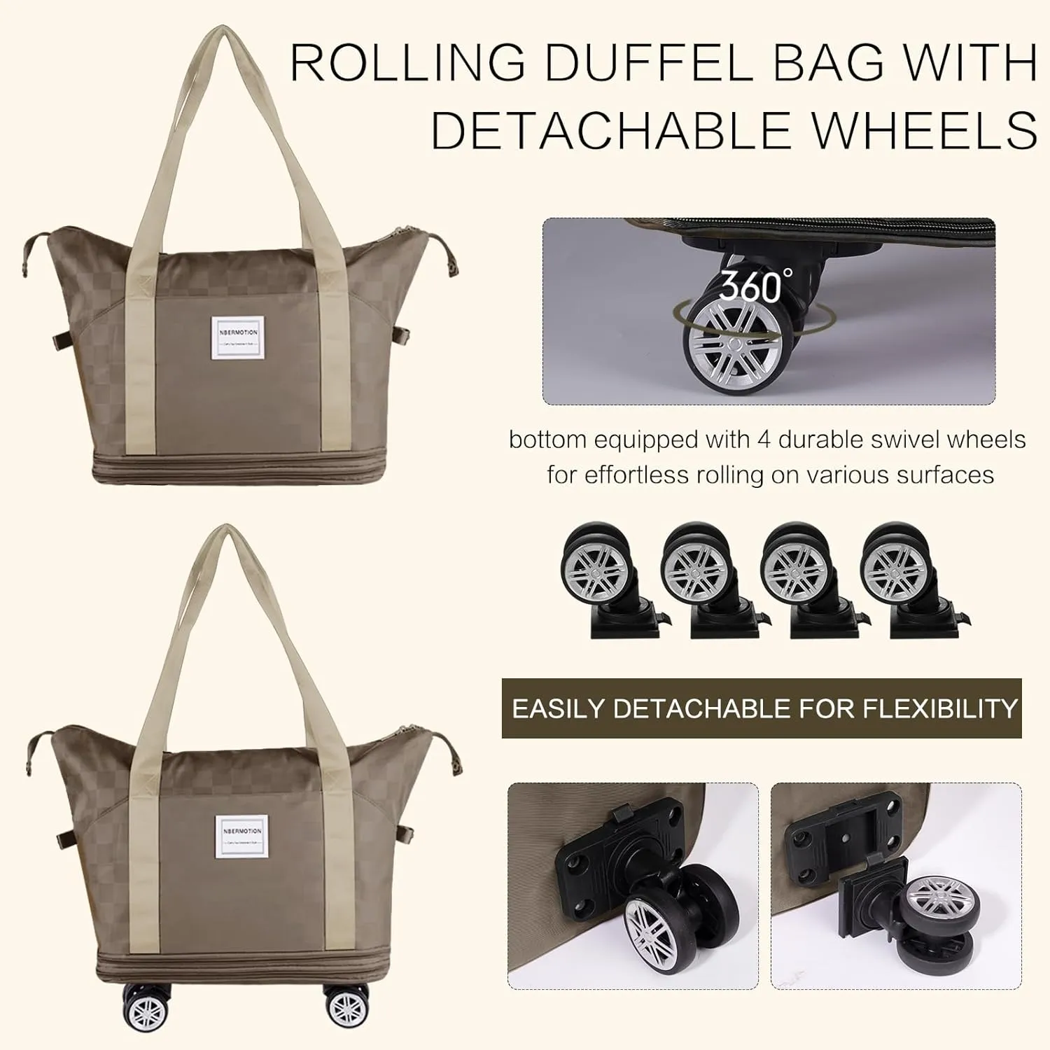 Expandable Rolling Duffle Bag - Large Carry-On With Spinner Wheels, Foldable Weekend Travel Bag, 28-58L Capacity(Khaki)