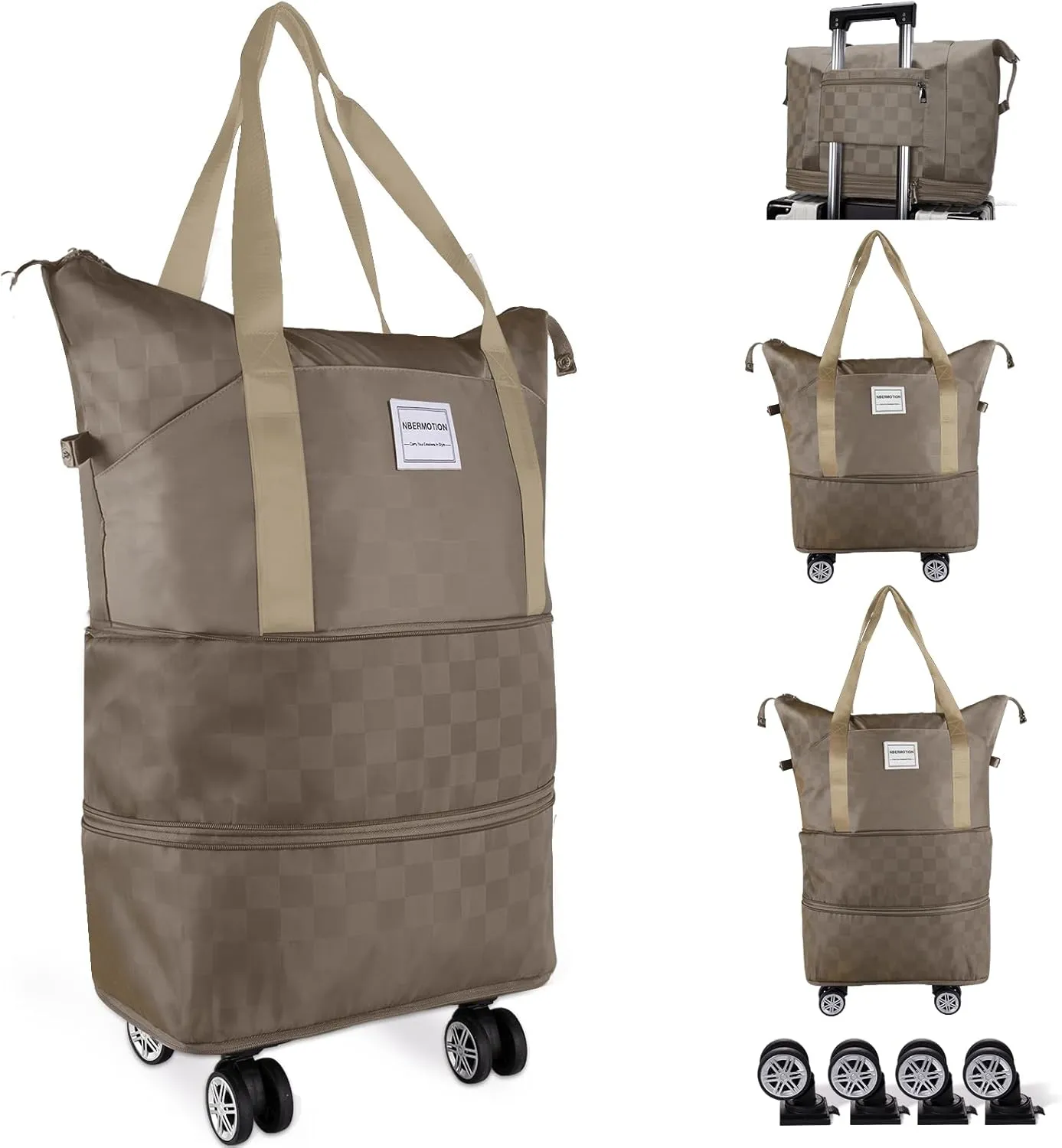 Expandable Rolling Duffle Bag - Large Carry-On With Spinner Wheels, Foldable Weekend Travel Bag, 28-58L Capacity(Khaki)