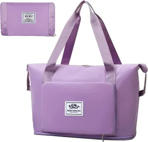 Expandable Travel Duffel Tote Bag - Foldable Overnight Weekender, Carry-On, Swim & Gym Bag - Fits Spirit Airlines Personal Item Size - Lightweight, Waterproof & Durable with Trolley Sleeve,Purple