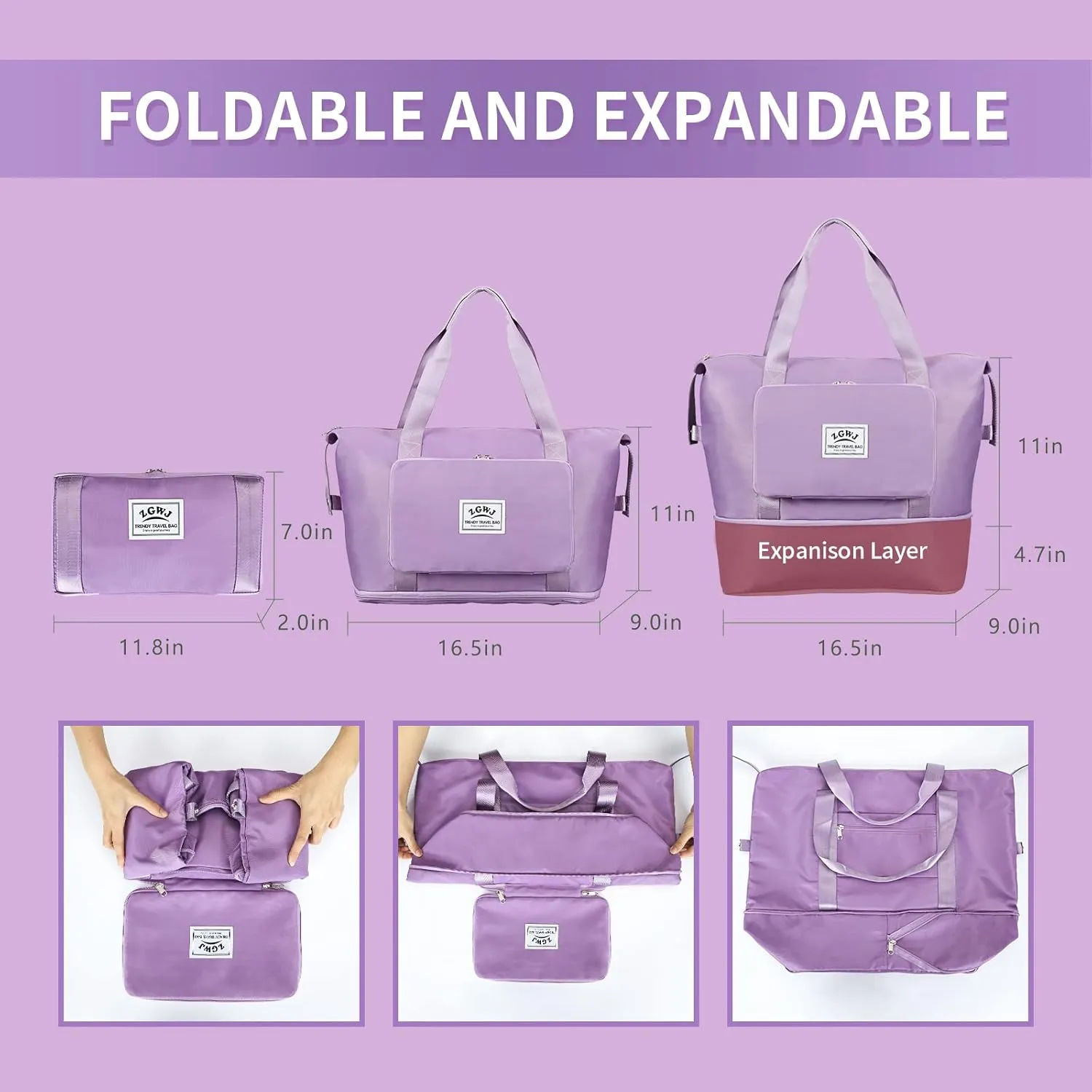 Expandable Travel Duffel Tote Bag - Foldable Overnight Weekender, Carry-On, Swim & Gym Bag - Fits Spirit Airlines Personal Item Size - Lightweight, Waterproof & Durable with Trolley Sleeve,Purple