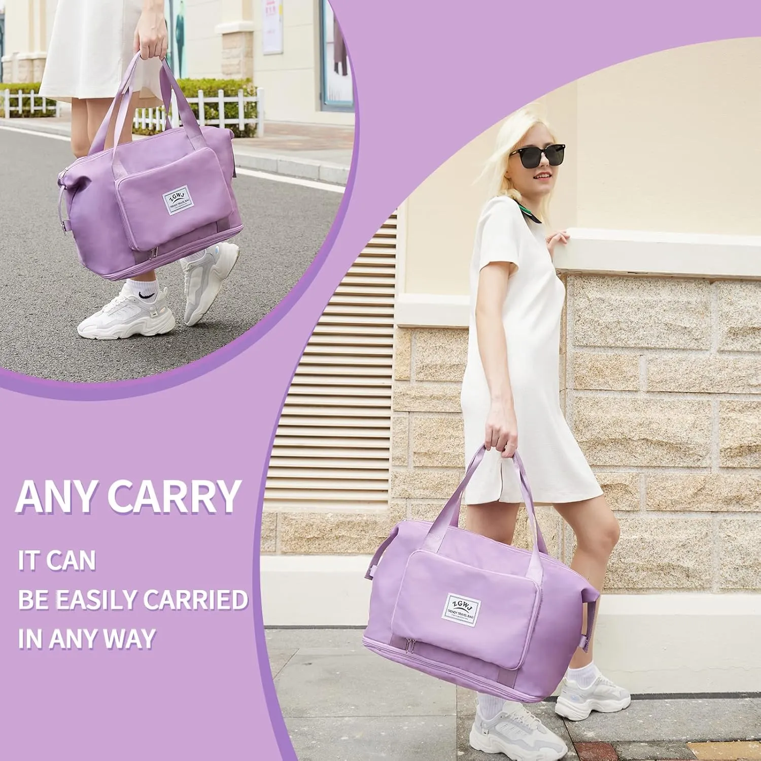 Expandable Travel Duffel Tote Bag - Foldable Overnight Weekender, Carry-On, Swim & Gym Bag - Fits Spirit Airlines Personal Item Size - Lightweight, Waterproof & Durable with Trolley Sleeve,Purple