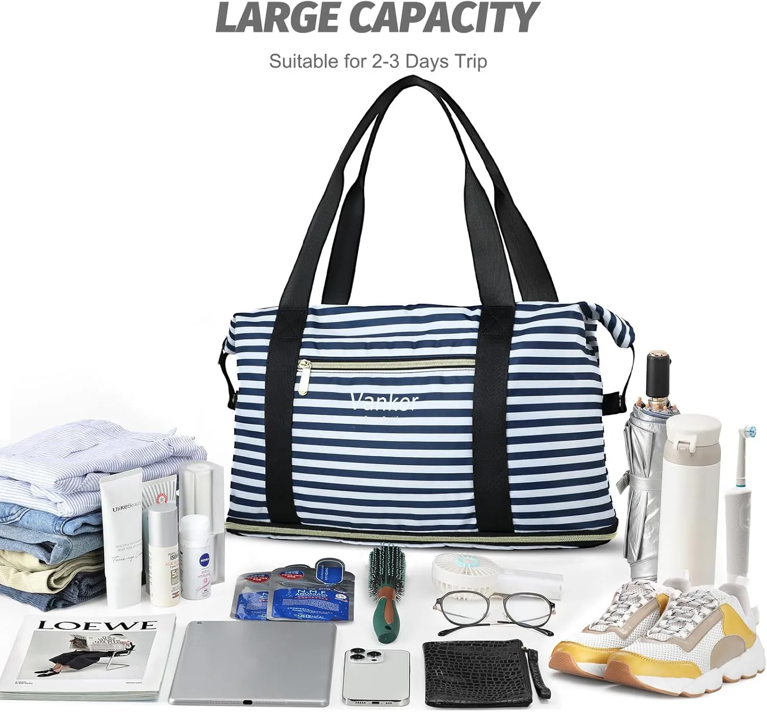 Expandable Travel Duffle Bag - Carry On Tote Weekender Overnight Bag for Men Women - Lightweight Luggage - Blue White Stripe