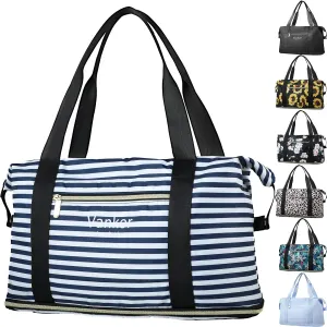 Expandable Travel Duffle Bag - Carry On Tote Weekender Overnight Bag for Men Women - Lightweight Luggage - Blue White Stripe