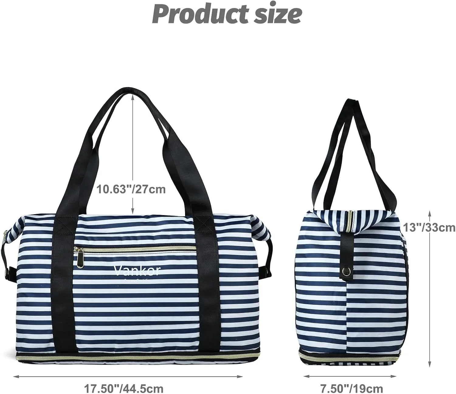 Expandable Travel Duffle Bag - Carry On Tote Weekender Overnight Bag for Men Women - Lightweight Luggage - Blue White Stripe
