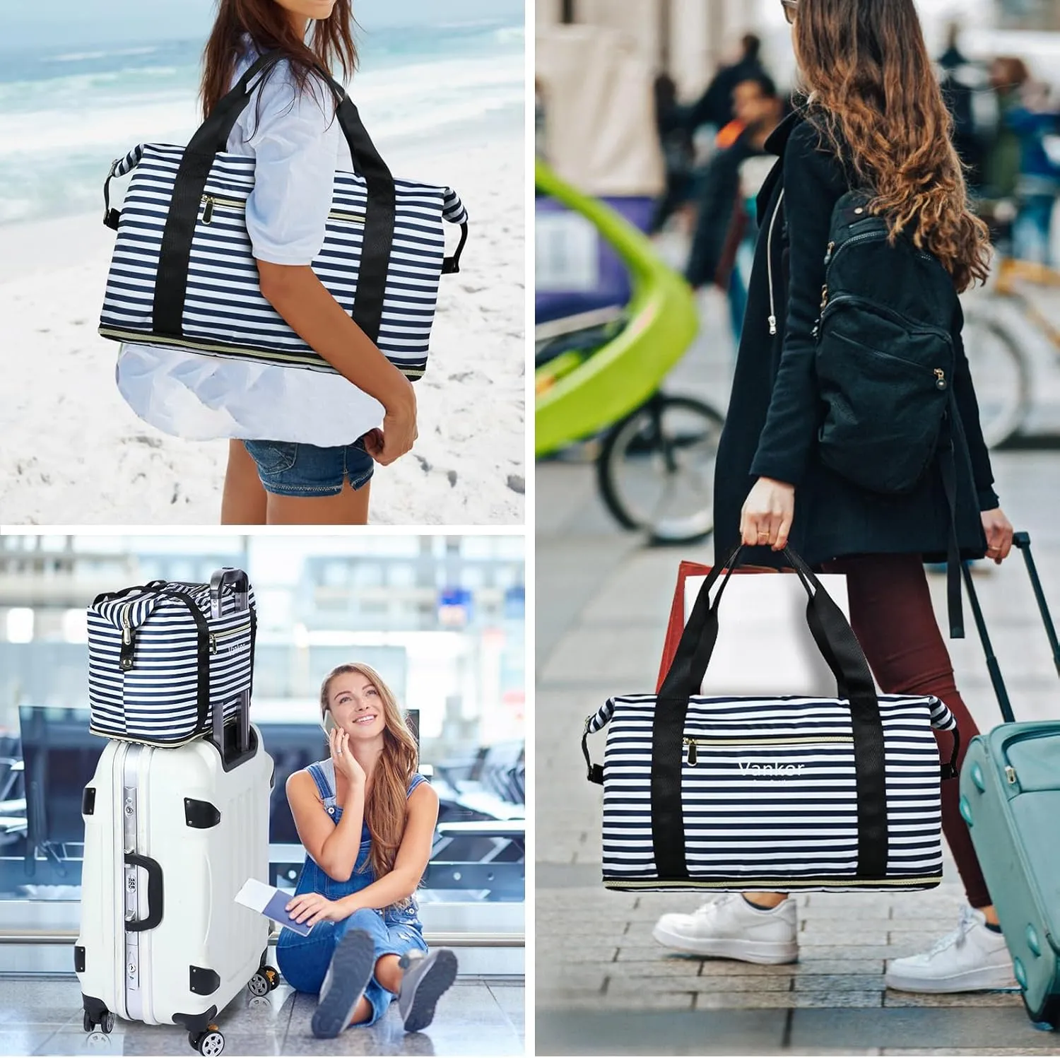 Expandable Travel Duffle Bag - Carry On Tote Weekender Overnight Bag for Men Women - Lightweight Luggage - Blue White Stripe