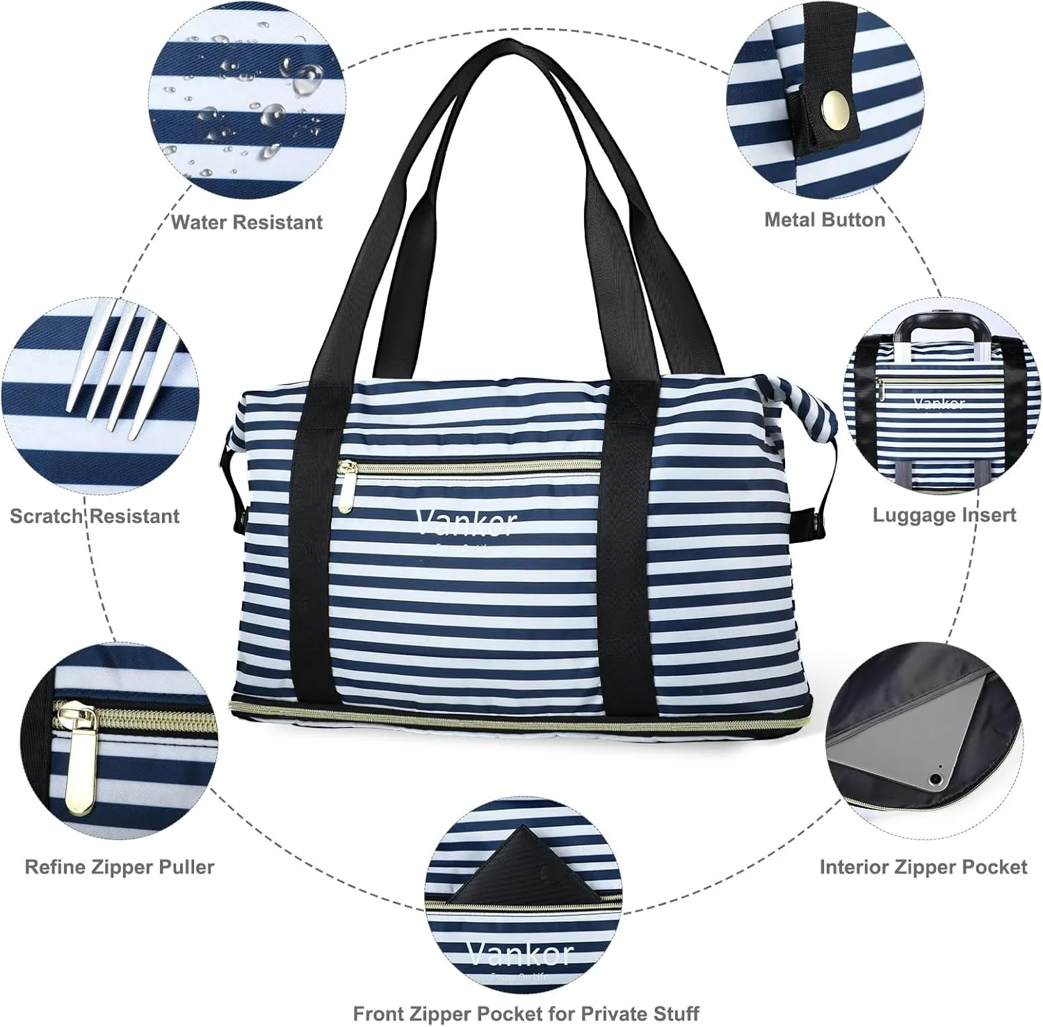 Expandable Travel Duffle Bag - Carry On Tote Weekender Overnight Bag for Men Women - Lightweight Luggage - Blue White Stripe