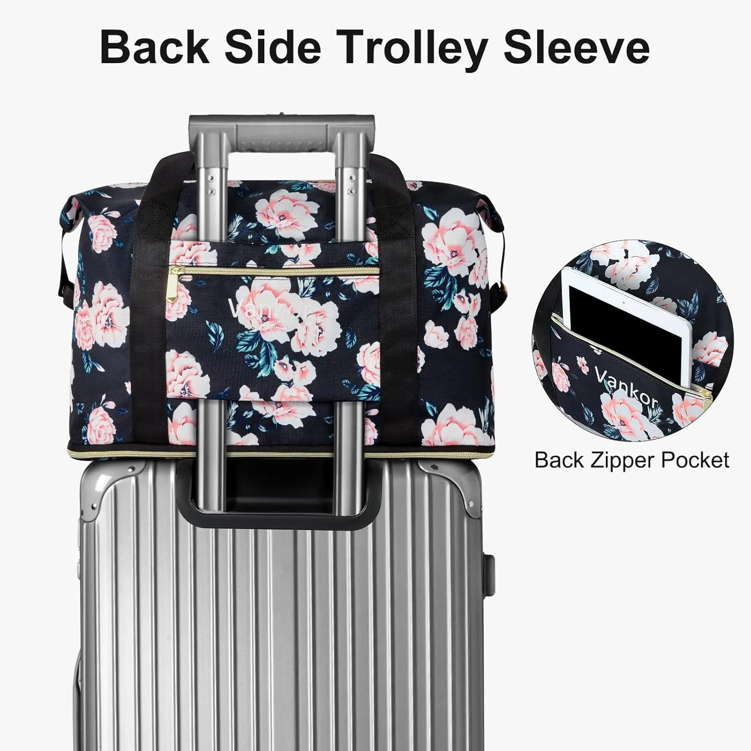 Expandable Travel Duffle Bag for Travel, Foldable Carry on Tote Bag Weekender Overnight Hosptital Bag for Men Women Lightweight Luggage Maternity Bag Black Floral