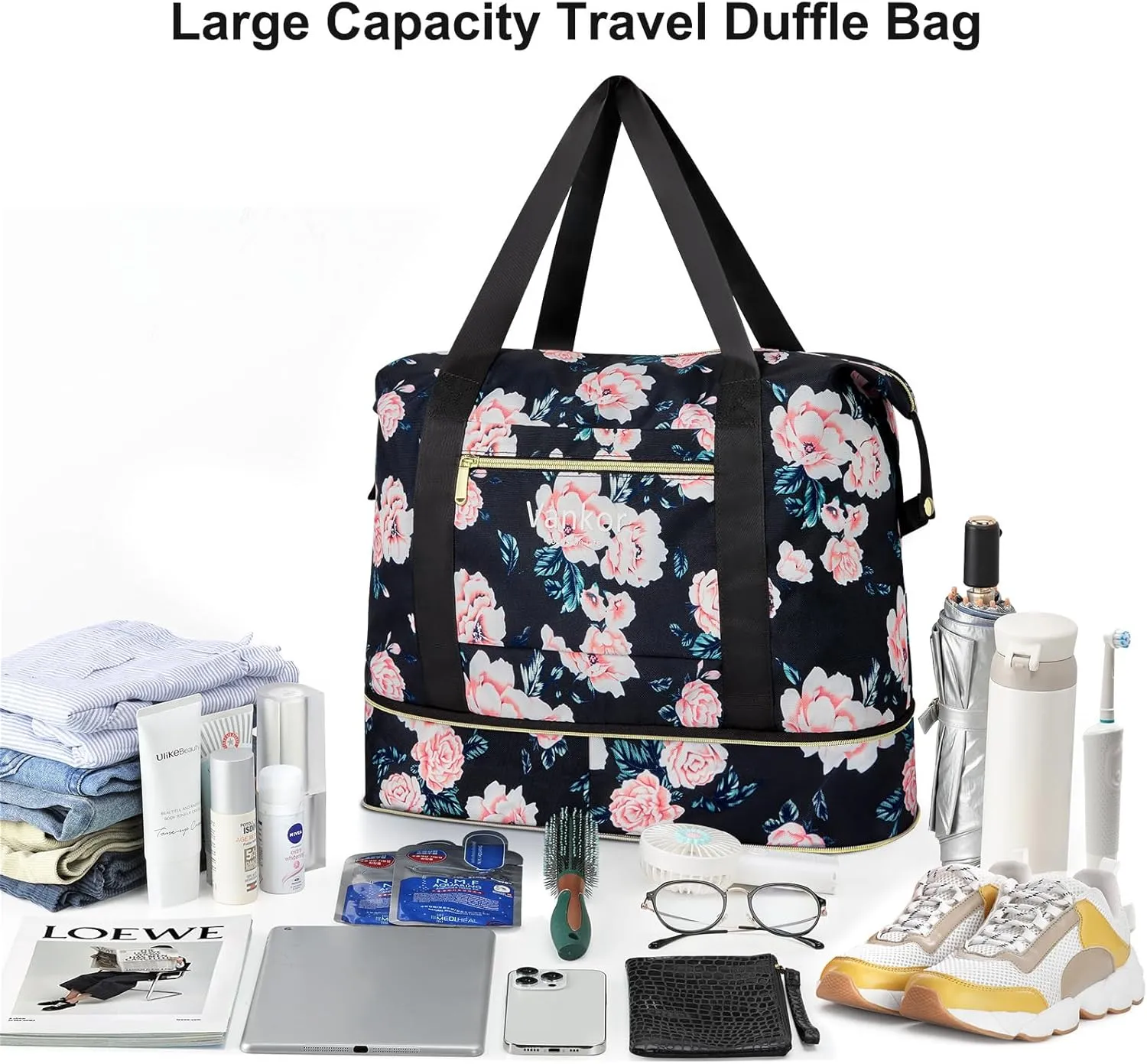 Expandable Travel Duffle Bag for Travel, Foldable Carry on Tote Bag Weekender Overnight Hosptital Bag for Men Women Lightweight Luggage Maternity Bag Black Floral