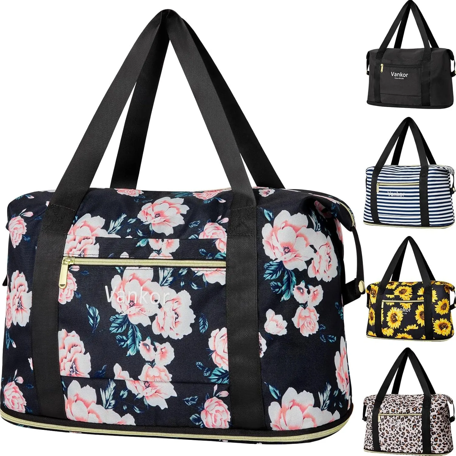 Expandable Travel Duffle Bag for Travel, Foldable Carry on Tote Bag Weekender Overnight Hosptital Bag for Men Women Lightweight Luggage Maternity Bag Black Floral