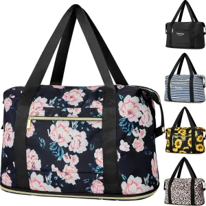 Expandable Travel Duffle Bag for Travel, Foldable Carry on Tote Bag Weekender Overnight Hosptital Bag for Men Women Lightweight Luggage Maternity Bag Black Floral