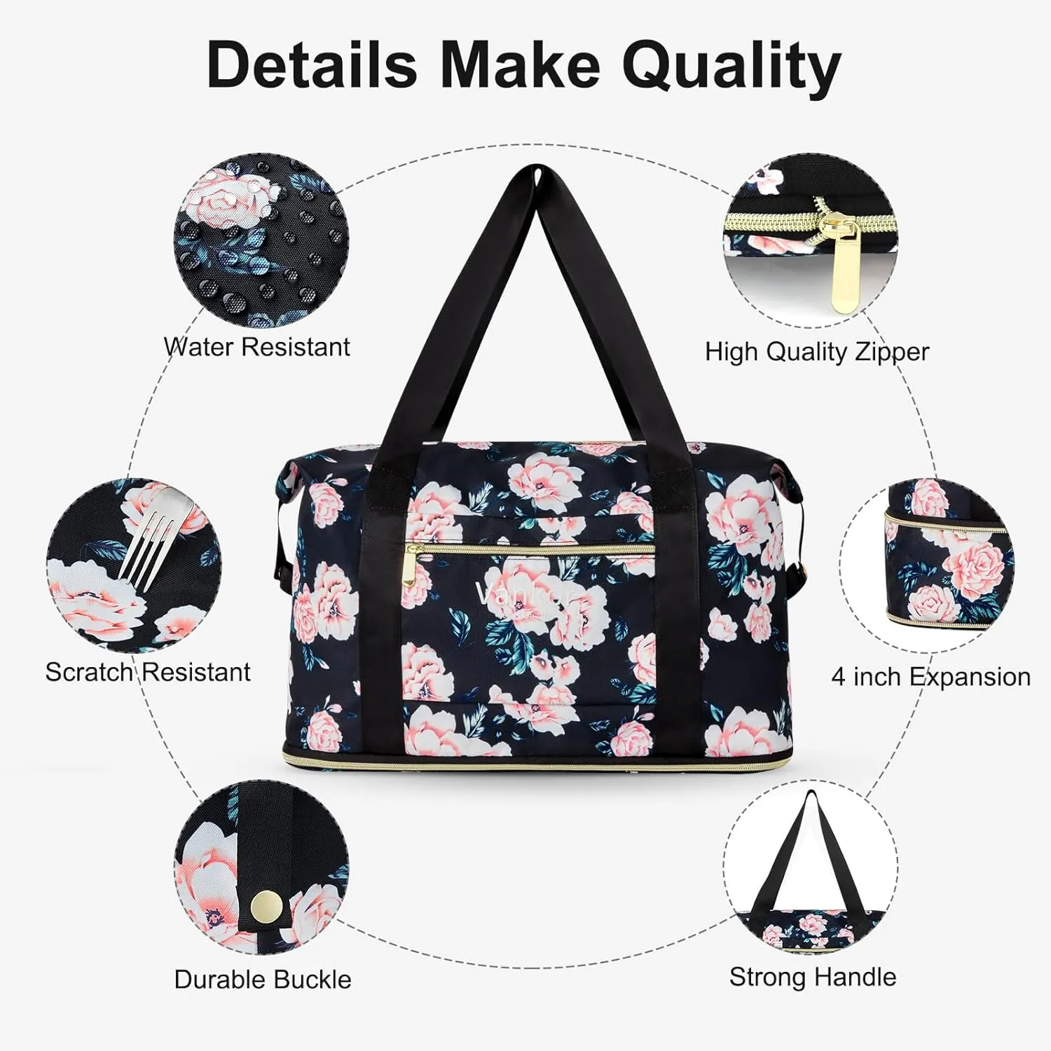 Expandable Travel Duffle Bag for Travel, Foldable Carry on Tote Bag Weekender Overnight Hosptital Bag for Men Women Lightweight Luggage Maternity Bag Black Floral