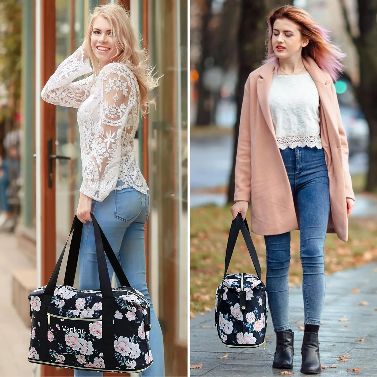 Expandable Travel Duffle Bag for Travel, Foldable Carry on Tote Bag Weekender Overnight Hosptital Bag for Men Women Lightweight Luggage Maternity Bag Black Floral