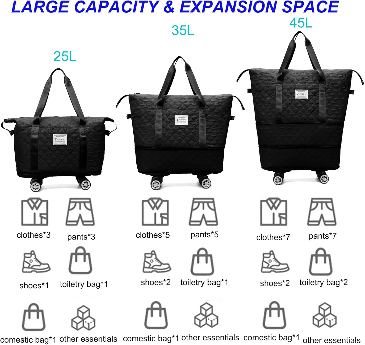 Expandable Travel Tote Bag with Detachable Wheels Rolling Duffel Bag Weekender Carry On Bags for Women 24L-44L (Black)