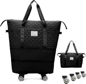 Expandable Travel Tote Bag with Detachable Wheels Rolling Duffel Bag Weekender Carry On Bags for Women 24L-44L (Black)